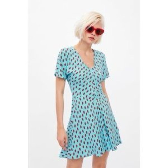 Zara light blue red lip vneck mini dress size XS - Picture 1 of 11